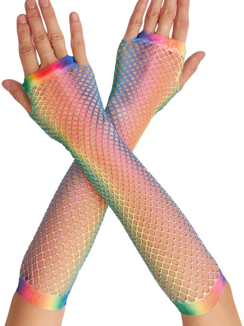 Women's Rainbow Fishnet Fingerless Gloves Gothic Punk Emo 80s Scene Arm Sleeves